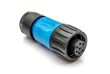 C01630D00620010  6+PE Female straight cable connector with strain relief and clamping ring, blue backshell