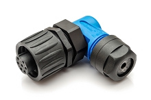 C01630F00610010  6+PE Female, right angled cable connector with strain relief and clamping ring, blue backshell. Comparable to 99-4226-70-07, CA6WLD