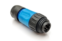 C01630H00611010 6+PE Male, straight cable connector with strain relief, internal cable clamping and clamping ring, blue backshell. Comparable to 99-4225-00-07