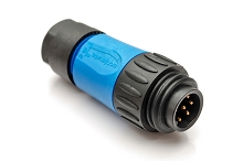 C01630H00621010 6 +PE Male, straight cable connector with strain relief, internal cable clamping and clamping ring, blue backshell