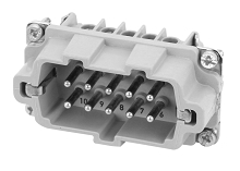 C14610A0031023  3+PE; 2 delayed mating contacts. Male insert with wire protection for screw termination, Size E10. Comparable to PN# 9340032601