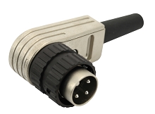 T 3274 058 - M16 Male right angled cable connector with internal strain relief and plastic locking ring. 3 contacts, gold plated, 4-6mm cable diameter.  Contacts included.