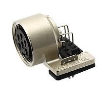 T 3363 218 - M16 PCB flange mounting right angled Female receptacle with ring nut.  5 contacts, gold plated  Contacts included.