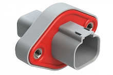 AT04-4P-PM05  4 Position Panel Mount Receptacle with Flange, Pin, Self-Threading, Integrated Latch, Gasket, Grey
