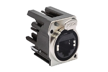 RJX8FB5V2LPB  Vertical PCB Chassis Mount RJ45 Receptacle, CAT5E XLR Ethernet, Non-shielded, with Light Pipe, Black Housing, Silver Flange