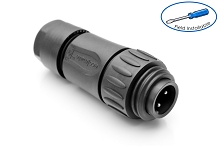 C01620H00320012  3+ PE Male, straight cable connector with strain relief and clamping ring, black backshell