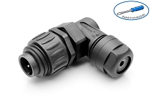 C01620K00320012  3+ PE Male, right angled cable connector with strain relief and clamping ring, black backshell