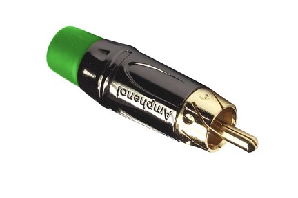 ACPL-CGR  RCA Male Cable Connector, Gold Plated Contacts, Diecast Shell, Black Chrome Finish, Green Grommet