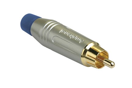 ACPR-SBL  RCA Male Cable Connector, Gold Plated Contacts, Diecast Shell, Satin Finish, Blue Grommet
