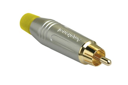 ACPR-SYL  RCA Male Cable Connector, Gold Plated Contacts, Diecast Shell, Satin Finish, Yellow Grommet