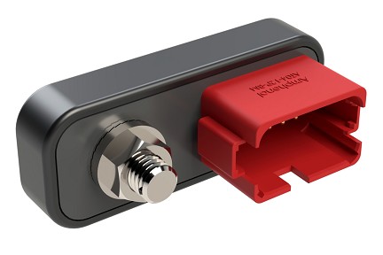 AT04-1X12PATS01-RAMR  13 Position Power Splitter Control Module, 1 Threaded Stud and 12 Pin x 1 Device Layout, Nickel Plated Contacts, Right Angle Mount, Red