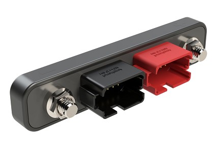AT04-2X12PATS01-RAMRB  26 Position Power Splitter Control Module, 2 Threaded Studs and 12 Pin x 2 Device Layout, Nickel Plated Contacts, Right Angle Mount, Black / Red