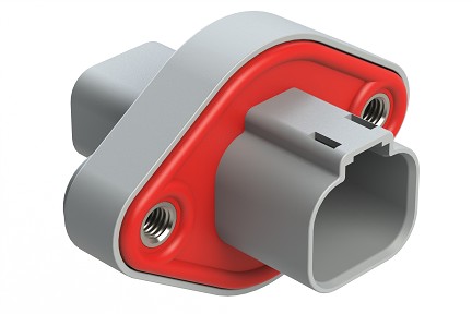 AT04-4P-PM05  4 Position Panel Mount Receptacle with Flange, Pin, Self-Threading, Integrated Latch, Gasket, Grey