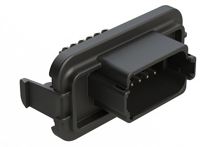 AT13-12PB-SBH03  12 Position PCB Receptacle Header, Flange Mount, Right Angle, Size 16 Pin Contacts, Keyed B, Nickel/Tin Plating, Black.  Use with Armor IPX™ Small Enclosures, AT Connectors