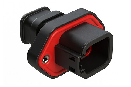 ATP04-6P-PM06SRBK  6 Position Panel Mount Receptacle with Flange, Pin, with Gasket and Threaded Insert,  Endcap,  Strain Relief, Reduced Diameter Seal, Black. Requires Wedgelock AWP-6P