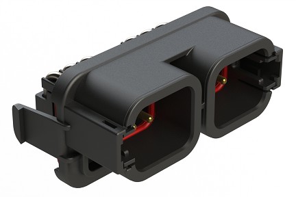 ATP13-06P-06P-SBH01  12 (2x6) Position PCB Receptacle Header, Flange Mount, Right Angle, Size 12 Pin Contacts, without Keying, Gold/Tin Plating, Black.  Use with Armor IPX™ Small Enclosures, ATP Connectors