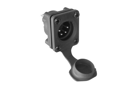 AXS4MP1  4 Pole Male Plug Chassis Mount with Protective Cap, IP65, Solder Bucket, For 1.5mm to 2.0mm Panel Thickness