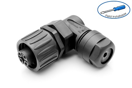 C01620F00320012  3+ PE Female, right angled cable connector with strain relief and clamping ring, black backshell