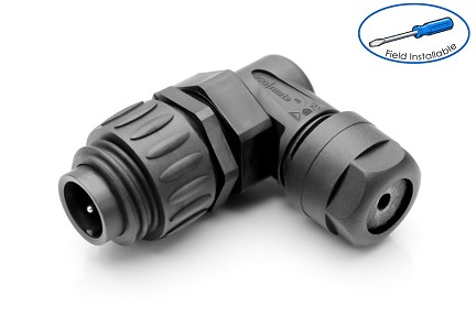 C01620K00320012  3+ PE Male, right angled cable connector with strain relief and clamping ring, black backshell