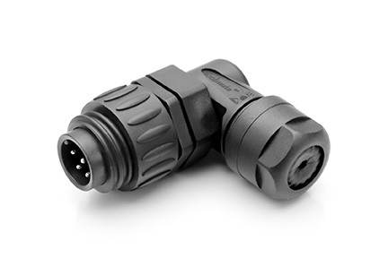 C01630K00620012 6 +PE Male, right angled cable connector with strain relief and clamping ring, black backshell