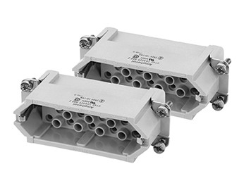 C146 10A025 005 2  50+PE Heavy duty male contact insert for stamped crimp contacts. May be engaged or disengaged when live but without electrical load. If mated or unmated under load, the load shall be reduced to 10% of the rated current. High profile hou