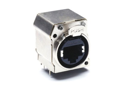 RJX8FB5HLPEB  Horizontal PCB Chassis Mount RJ45 Receptacle, CAT5E XLR Ethernet, Shielded, with Light Pipe, Silver