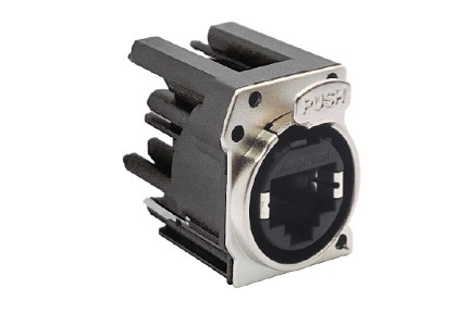 Vertical PCB Chassis Mount RJ45 Receptacle, CAT5E XLR Ethernet, Non-shielded, Black Housing, Silver Flange