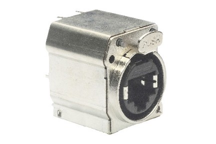 RJX8FB5V2LPEB  Vertical PCB Chassis Mount RJ45 Receptacle, CAT5E XLR Ethernet, Shielded, with Light Pipe, Silver