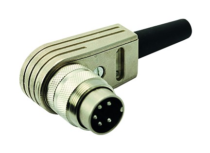 T 3635 005 - M16 Male right angled cable connector with internal strain relief and metal locking ring.  12 contacts, silver plated, 4-6mm cable diameter.  Contacts included.