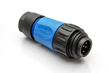 C01610H00601010  6+PE Male, straight cable connector with strain relief, internal cable clamping and clamping ring. Crimp contacts sold separately. Available in gold or silver plating.  Blue back shell. Comparable to 99-4201-00-07