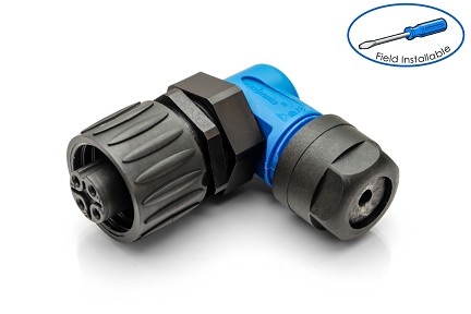 C01620F00310010  3+ PE Female, right angled cable connector with strain relief and clamping ring, blue backshell. Comparable to 99-4222-70-04, CA3WLD