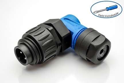C01620K00320010  3+ PE Male, right angled cable connector with strain relief and clamping ring, blue backshell