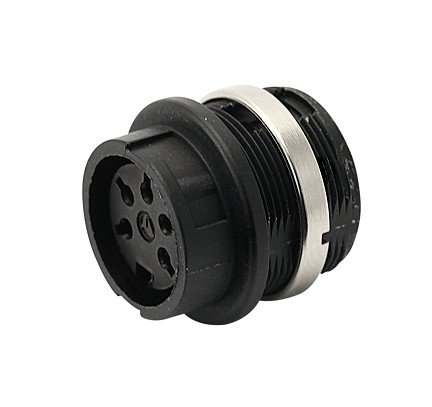T 3437 018 - M16 Straight, full plastic front mounting female receptacle with ring nut. 7 contacts, gold plated  Contacts included.