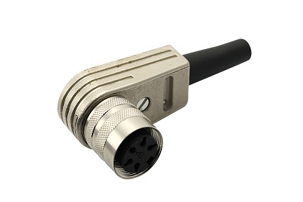 T 3476 055 - M16 Female right angled cable connector with internal strain relief and metal locking ring. 7 contacts, 4-6mm cable diameter Contacts sold separately.
